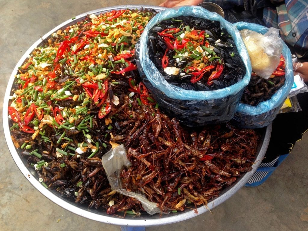 Un cesto contenente insetti venduti per strada come cibo