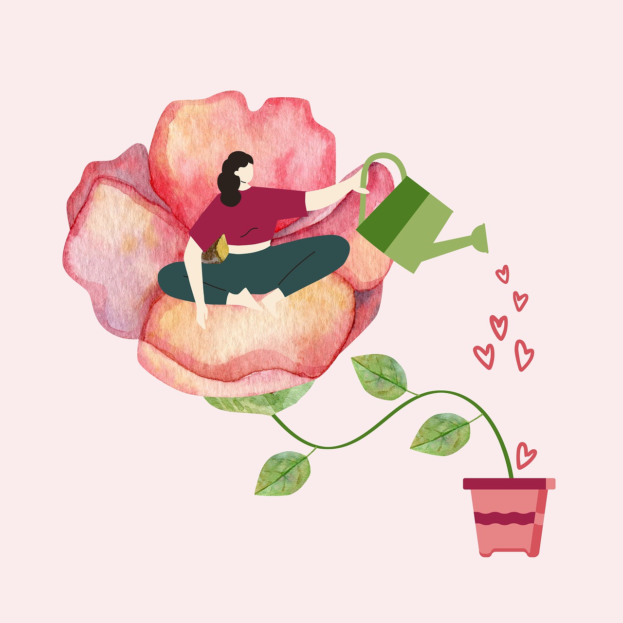 Illustrazione di una ragazza che annaffia un fiore