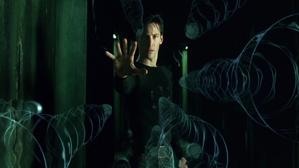 Neo nell'ambiente informatico in una scena di Matrix