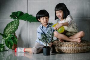 bambini innaffiano piante