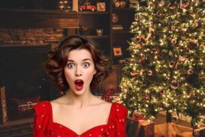 casa addobbata con camino e albero di natale e donna vestita di rosso stupita
